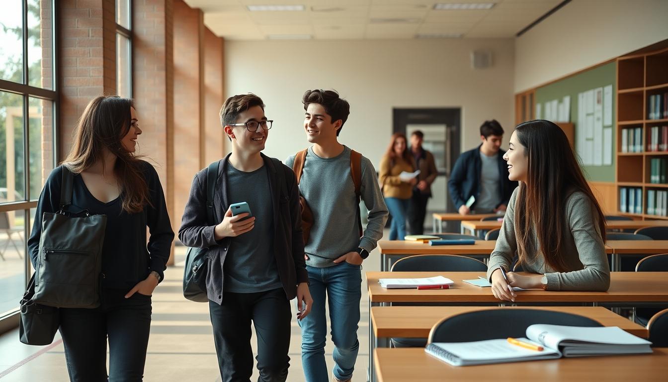 Students studying together in modern classroom